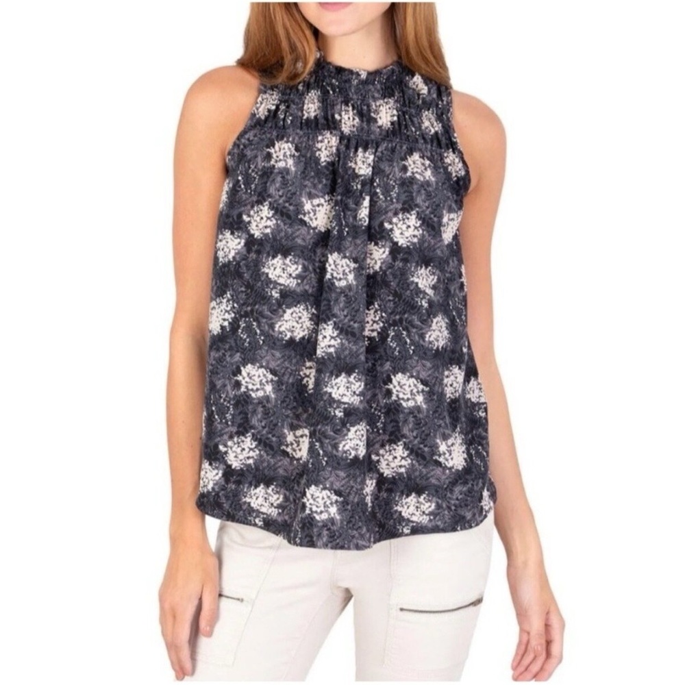 NEW Sleeveless ruffle mock neck abstract floral blouse w/smocking detail